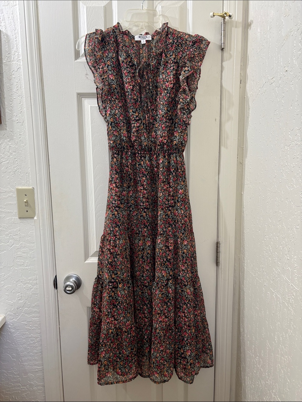 BBDakota by steve Madden. Black Floral Tiered Maxi Dress with Ruffle Shoulders